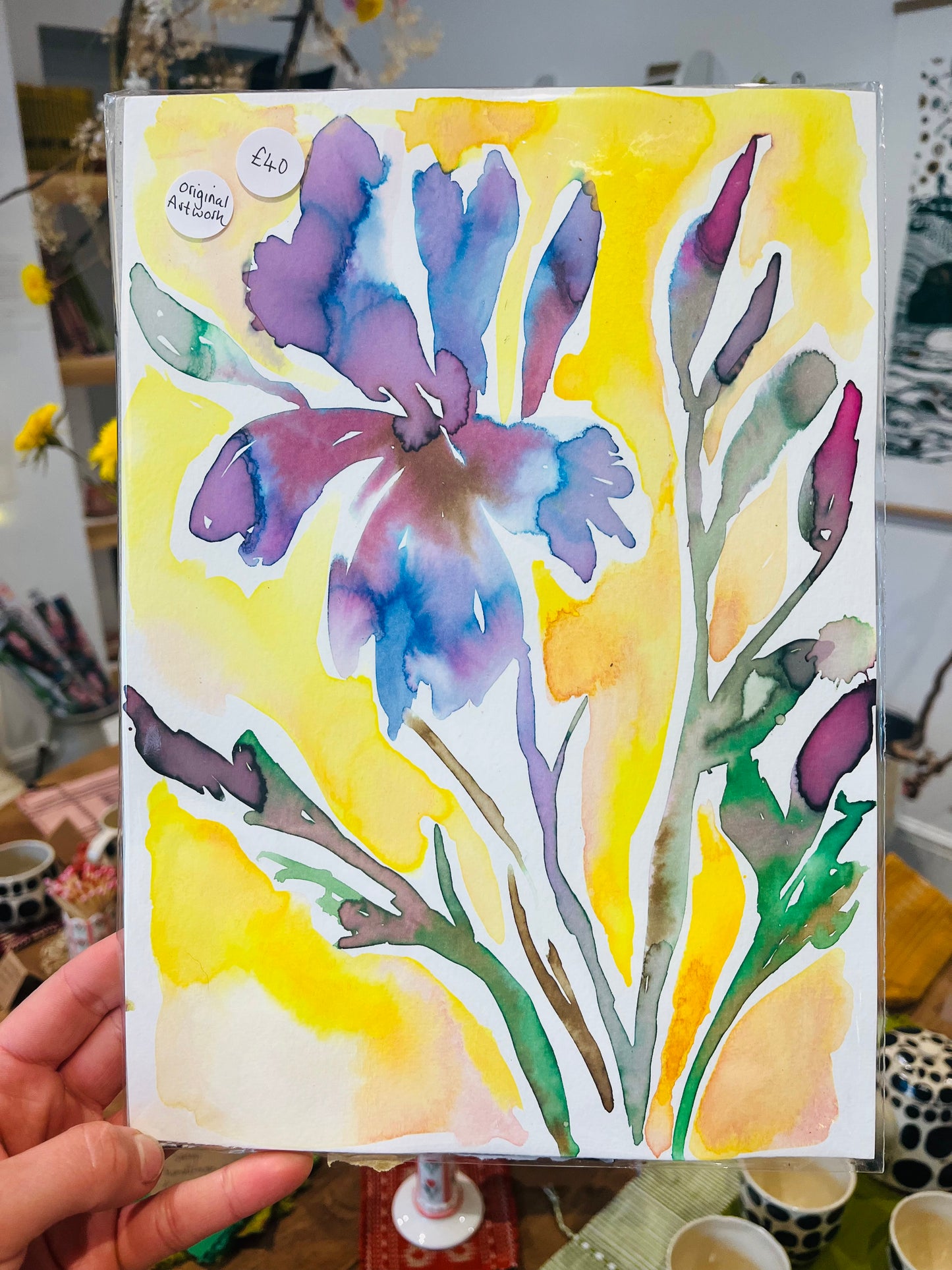 Floral Watercolour Painting | Original Ink & Watercolour Artwork on A4 Textured Paper (abstract iris)
