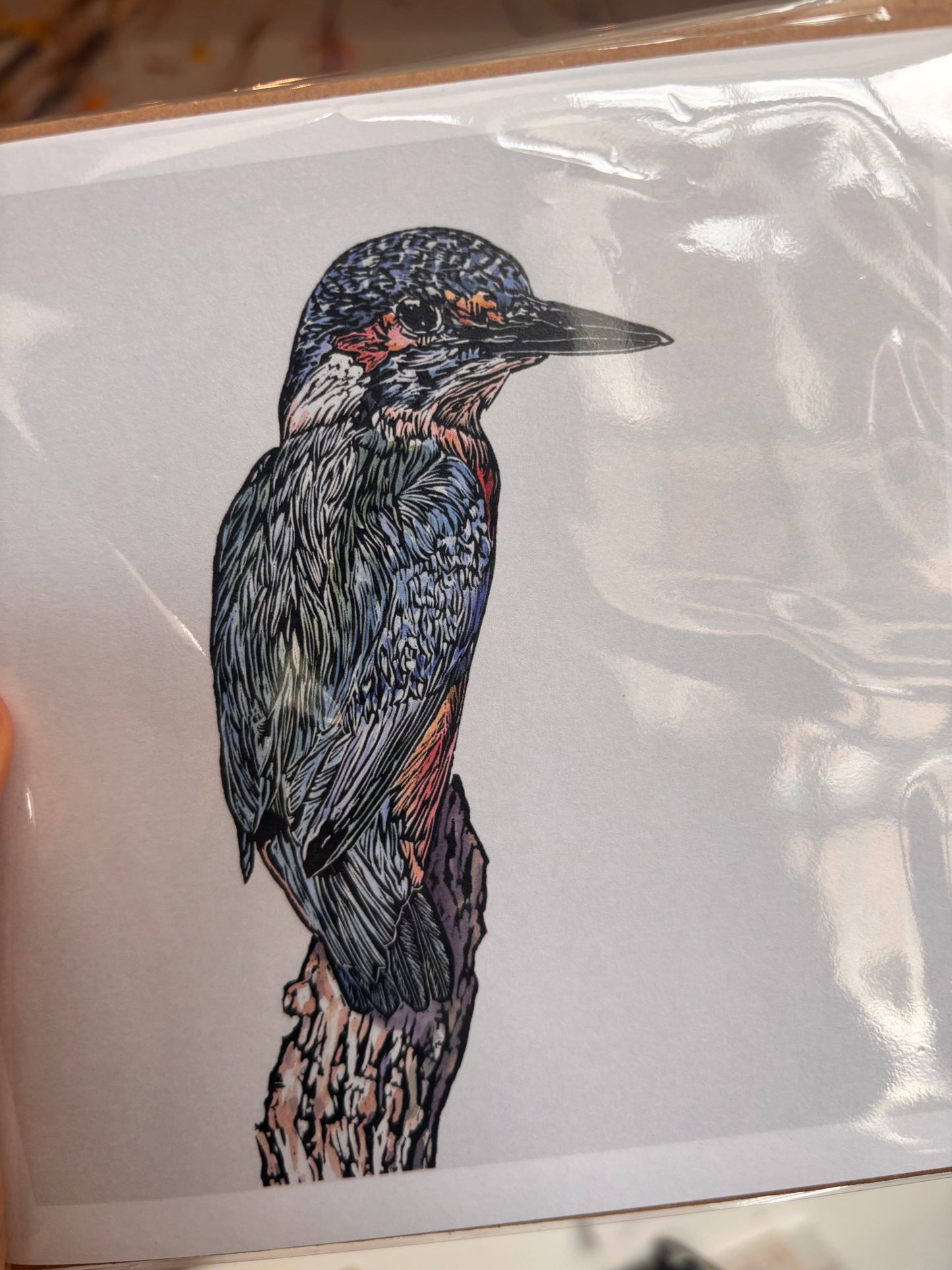 Sarah Cemmick - Lino Cut Art Card - Halcyon Days (Kingfisher)