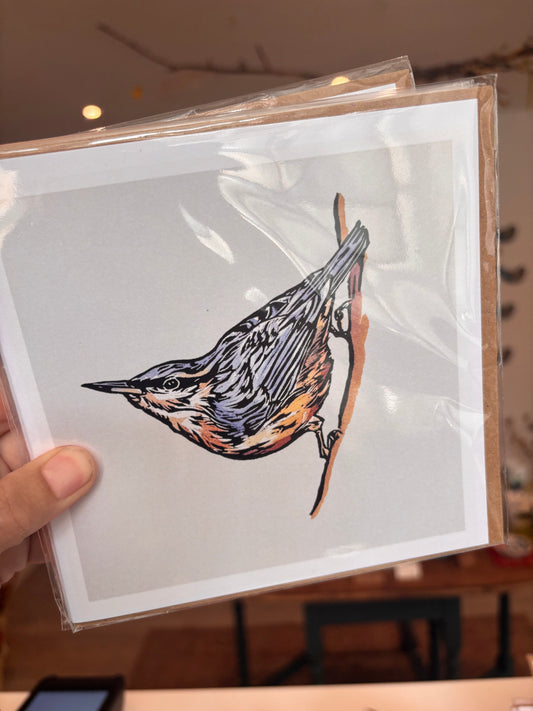 Sarah Cemmick - Lino Cut Art Card - Nuthatch