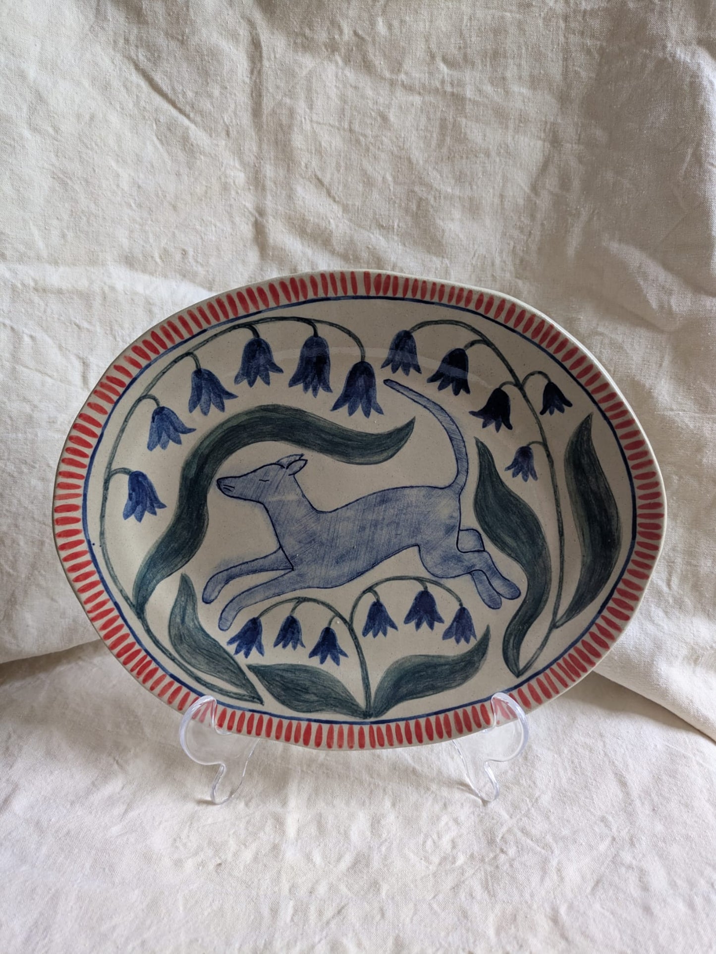 Louise Hick - Large Stoneware Serving Plate, Dog & Bluebells