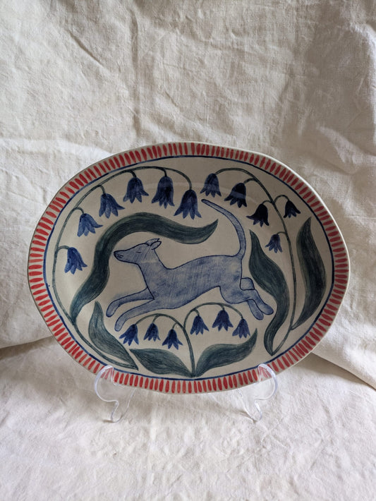 Louise Hick - Medium Stoneware Serving Plate, Dog & Bluebells