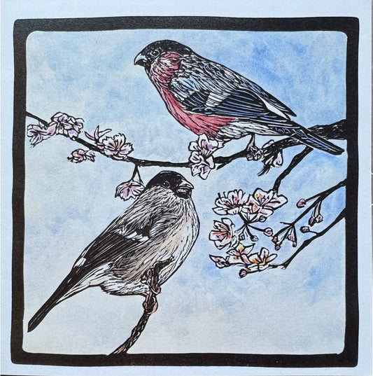 Sarah Cemmick - Lino Cut Art Card - Bullfinches