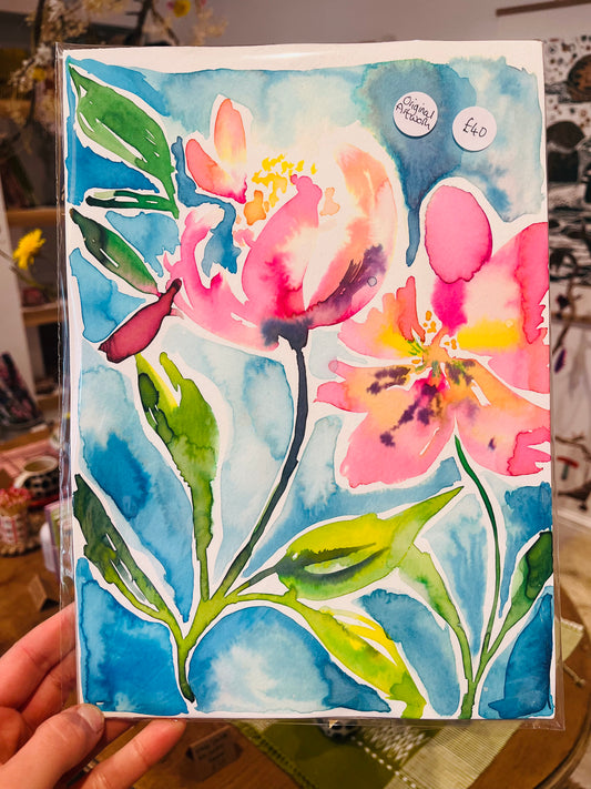 Floral Watercolour Painting | Original Ink & Watercolour Artwork on A4 Textured Paper (pink peonie)