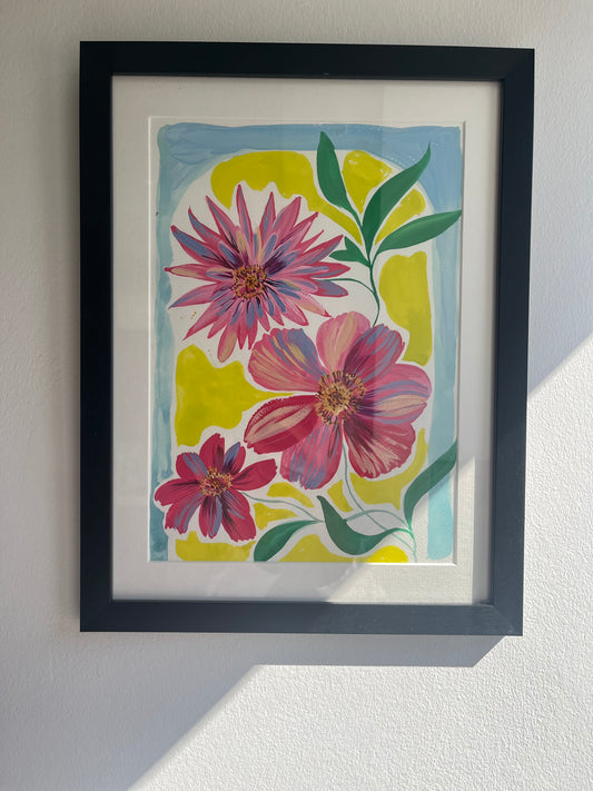 April 11 - Original framed artwork-pink flowers on blue & green background