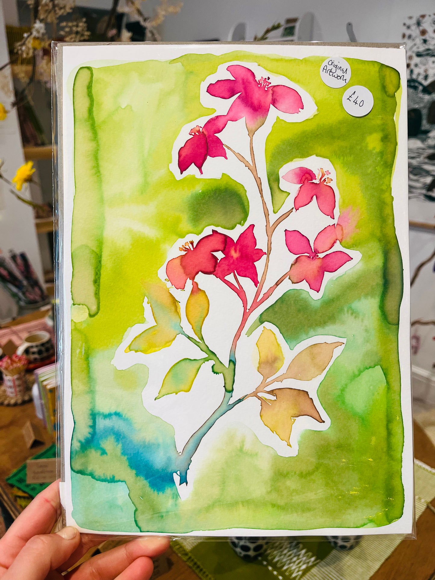 Floral Watercolour Painting | Original Ink & Watercolour Artwork on A4 Textured Paper (pink blossom)