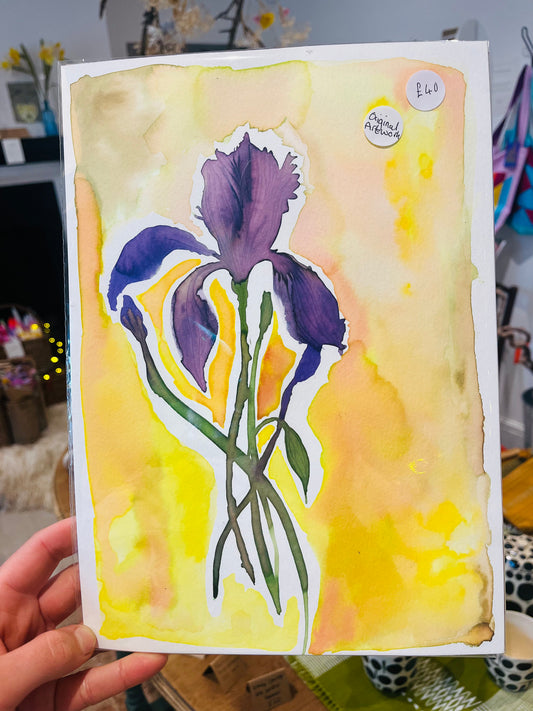 Floral Watercolour Painting | Original Ink & Watercolour Artwork on A4 Textured Paper (Iris)