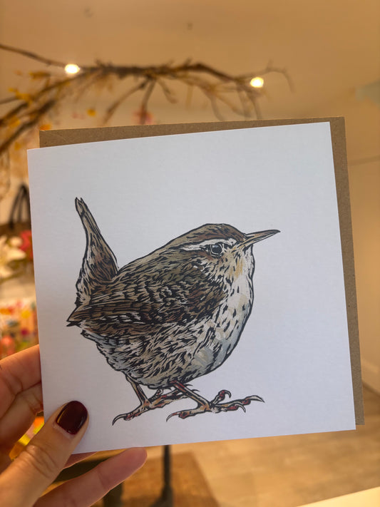 Sarah Cemmick - Lino Cut Art Card - Wren Will I see you again