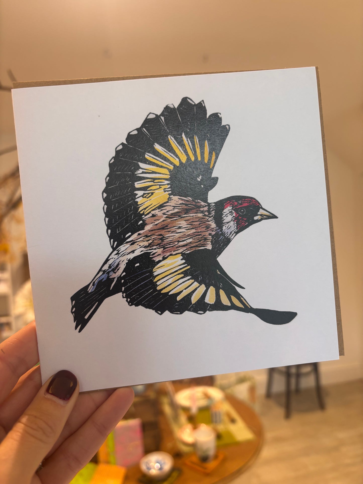 Sarah Cemmick - Lino Cut Art Card -Flying Goldfinch