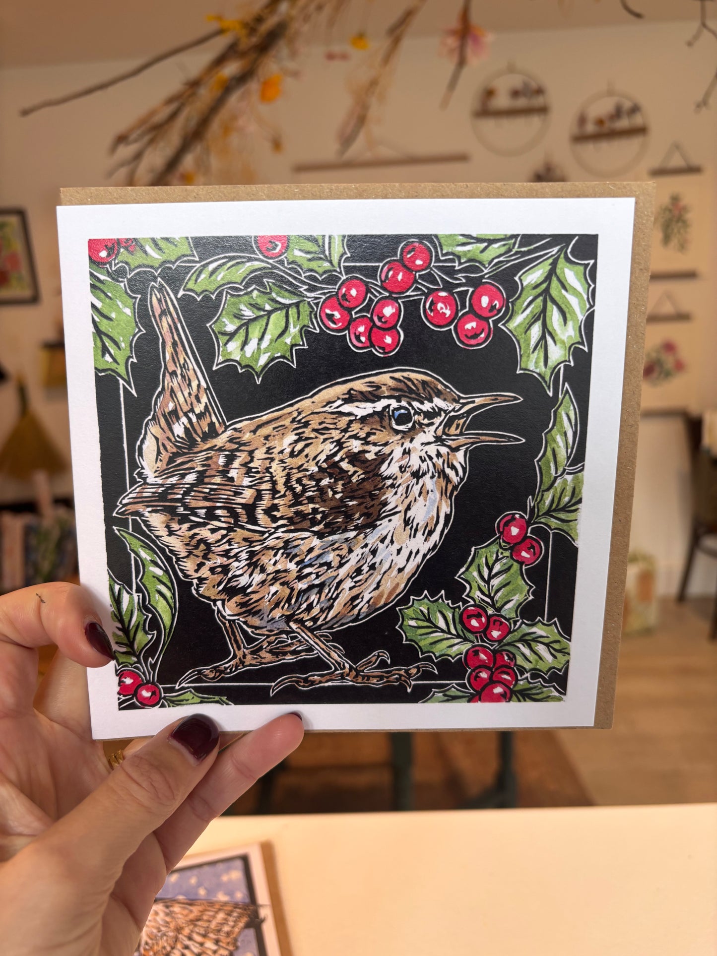 Sarah Cemmick - Lino Cut Art Card -Holly Berries