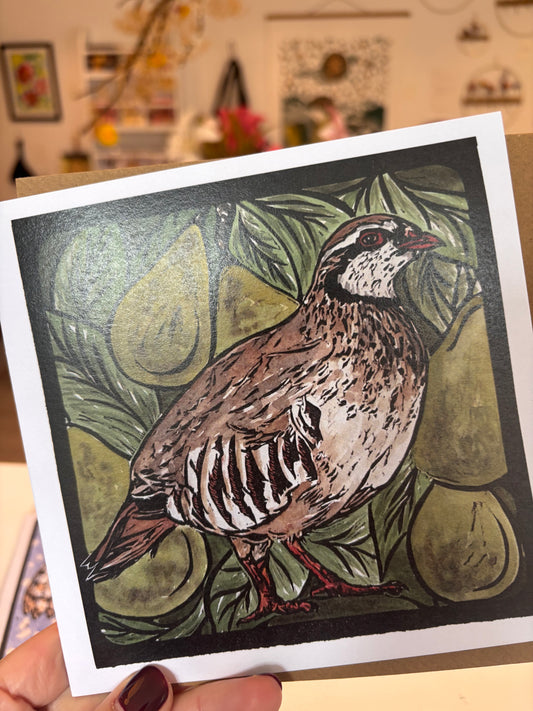 Sarah Cemmick - Lino Cut Art Card -Partridge in a pear tree