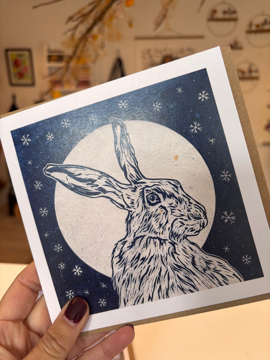 Sarah Cemmick - Lino Cut Art Card -Snowflake Hare