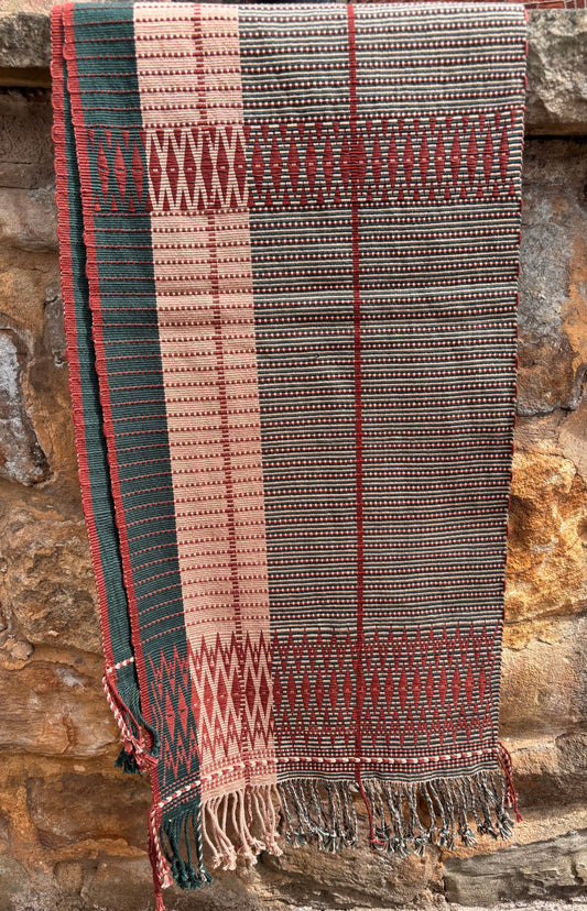 Senyu - Handwoven Extra Large Table Runner - Dusky Rose, Burgundy & Green