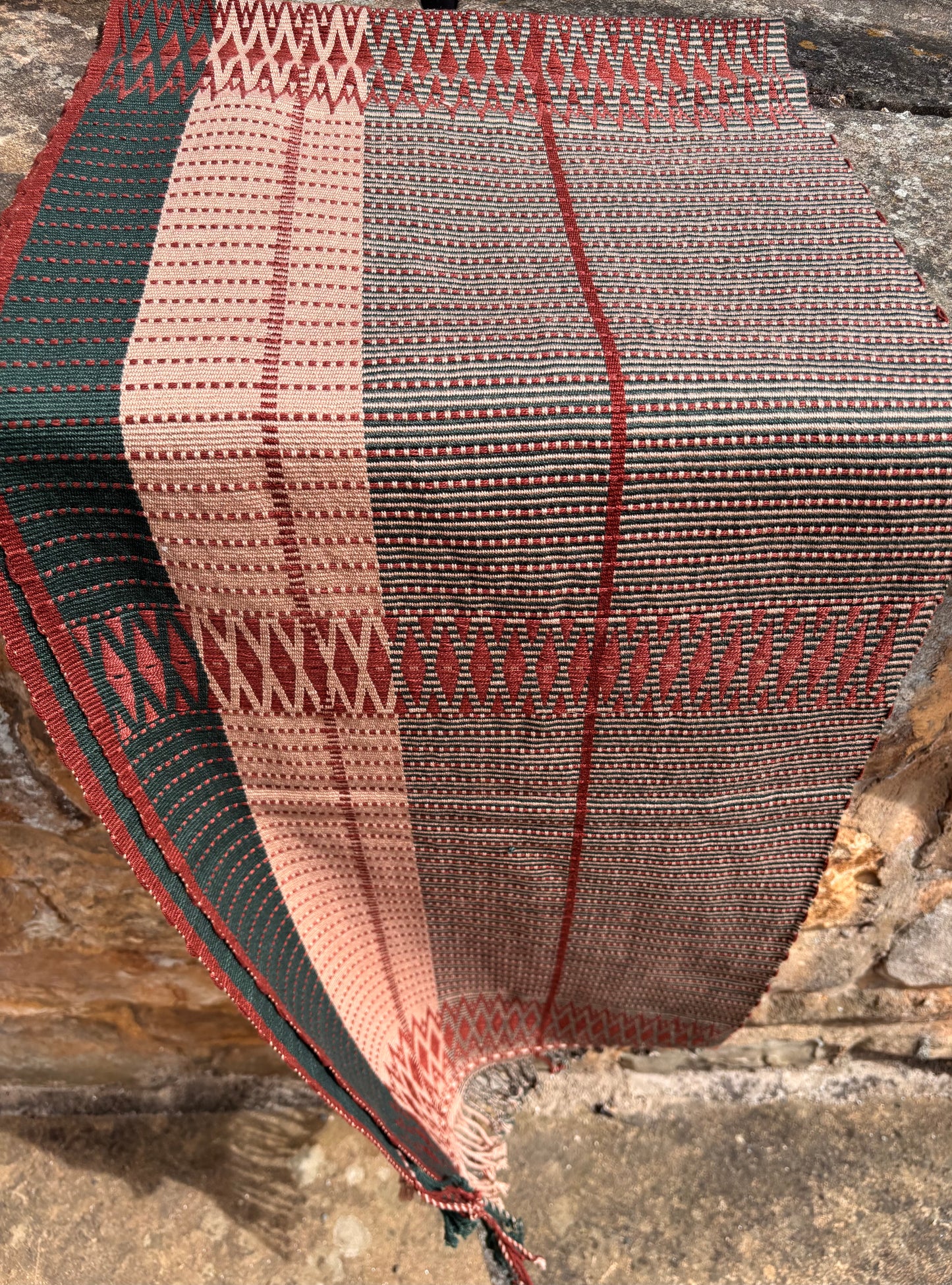 Senyu - Handwoven Extra Large Table Runner - Dusky Rose, Burgundy & Green