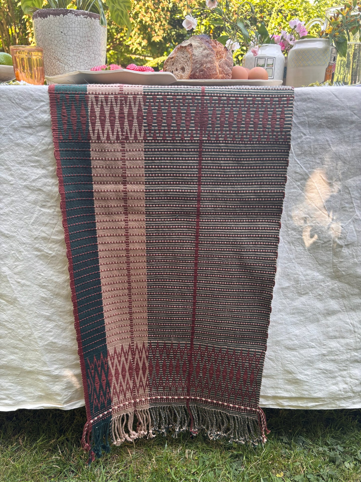 Senyu - Handwoven Extra Large Table Runner - Dusky Rose, Burgundy & Green