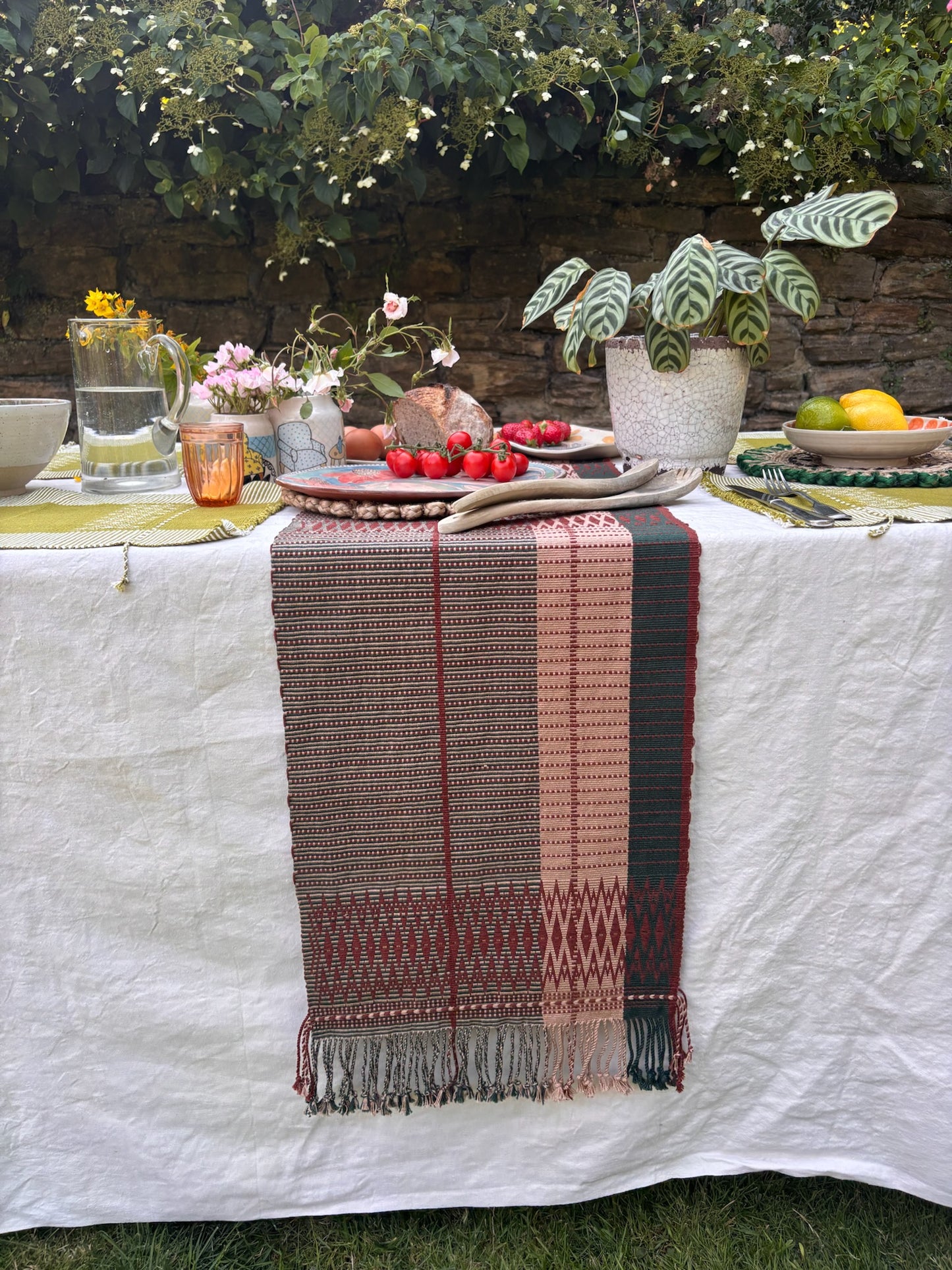 Senyu - Handwoven Extra Large Table Runner - Dusky Rose, Burgundy & Green