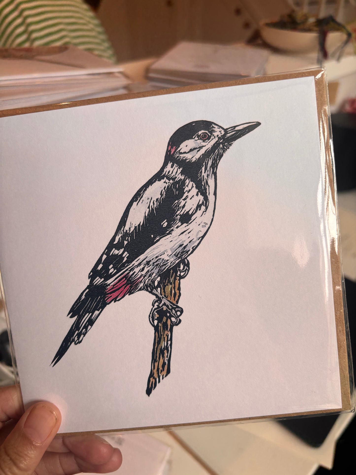 Sarah Cemmick - Lino Cut Art Card - Great Spotted Woodpecker