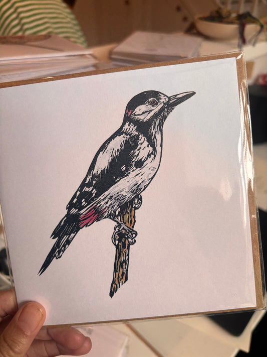 Sarah Cemmick - Lino Cut Art Card - Great Spotted Woodpecker