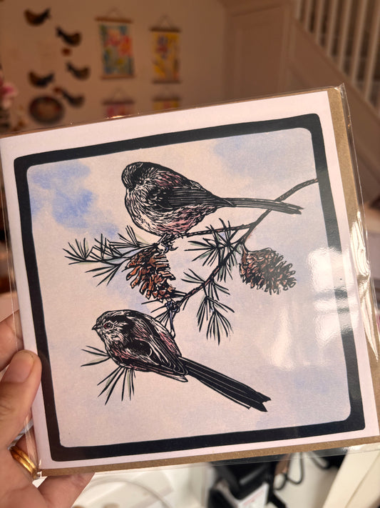 Sarah Cemmick - Lino Cut Art Card - Long-tailed Tits