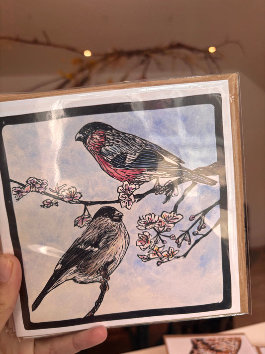 Sarah Cemmick - Lino Cut Art Card - Bullfinches