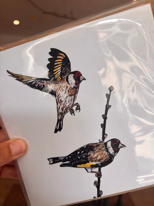 Sarah Cemmick - Lino Cut Art Card - Goldfinches