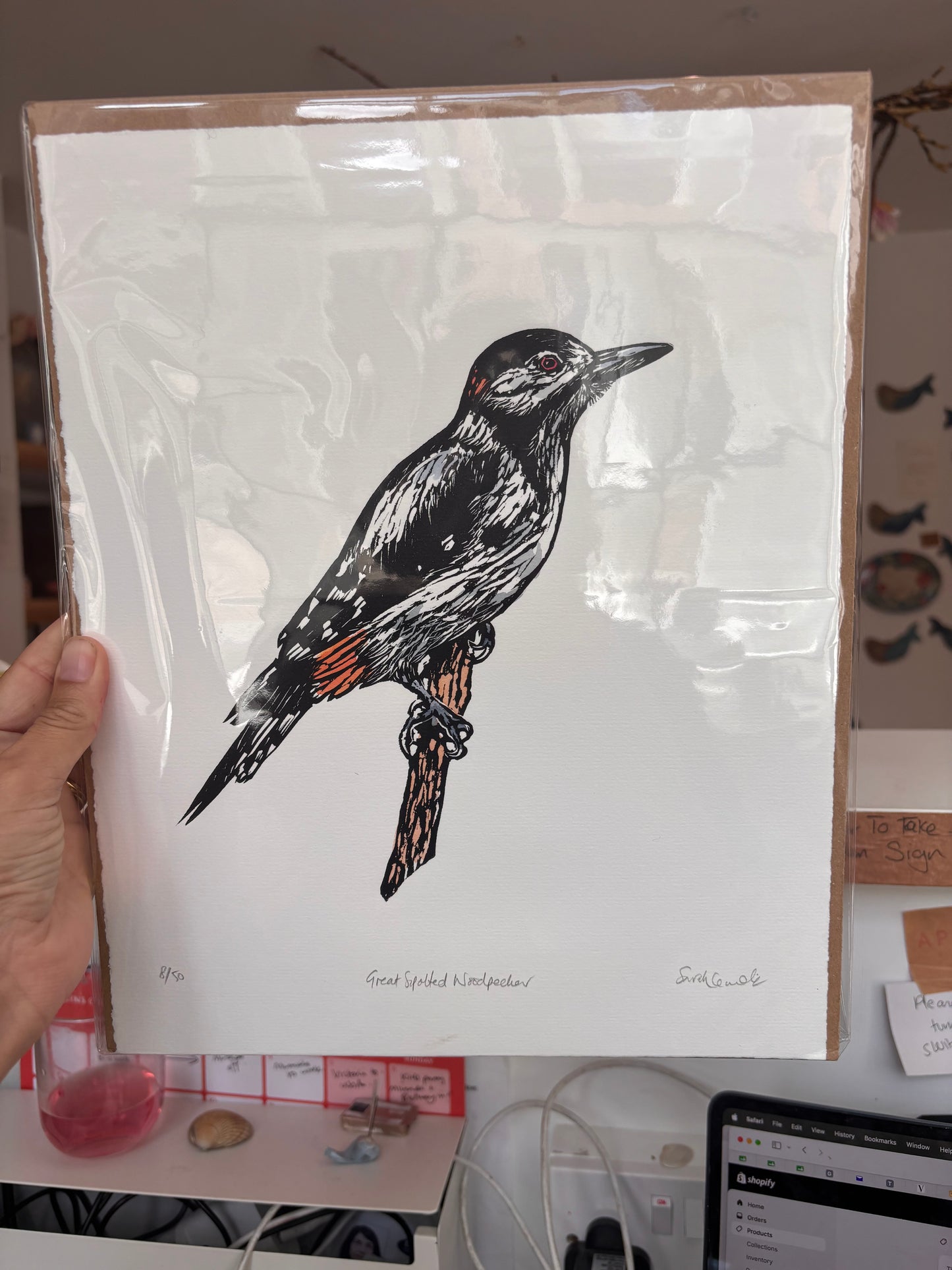 Sarah Cemmick - Original Lino Cut - Great Spotted Woodpecker