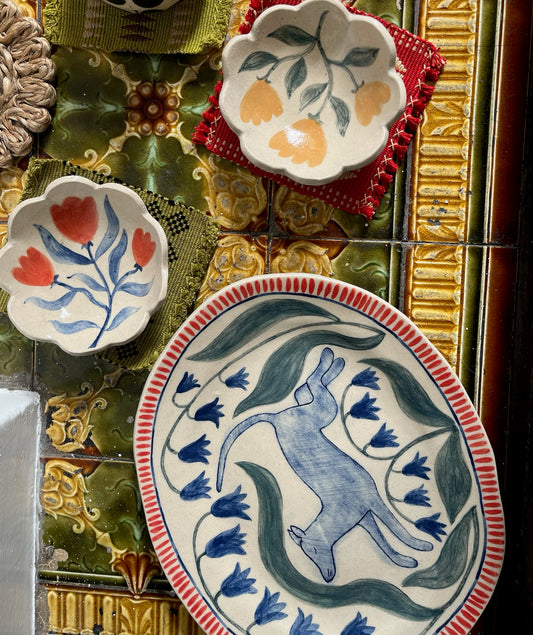 Louise Hick - Medium Stoneware Serving Plate, Dog & Bluebells