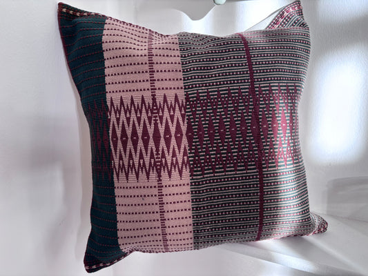 Senyu - Handwoven Cushion Cover - Dusky Rose, Burgundy & Green