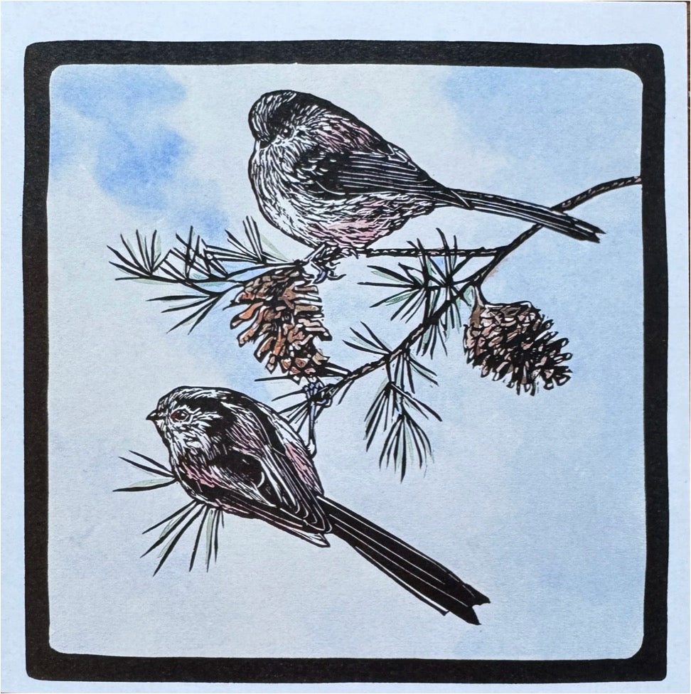 Sarah Cemmick - Lino Cut Art Card - Long-tailed Tits