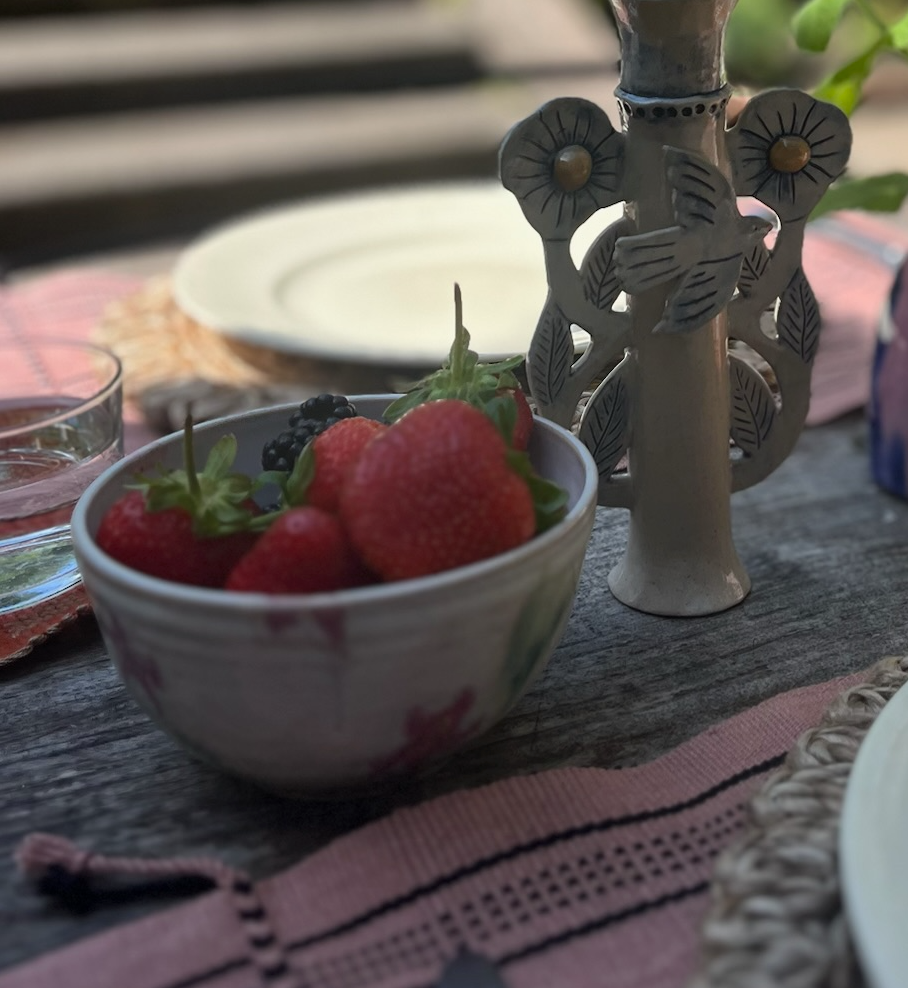 Ceramics by Kat - Honey & Pink Flower Porridge Bowl