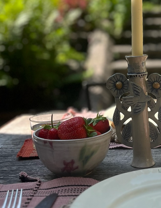 Ceramics by Kat - Honey & Pink Flower Porridge Bowl