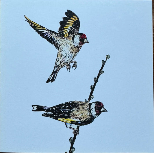 Sarah Cemmick - Lino Cut Art Card - Goldfinches